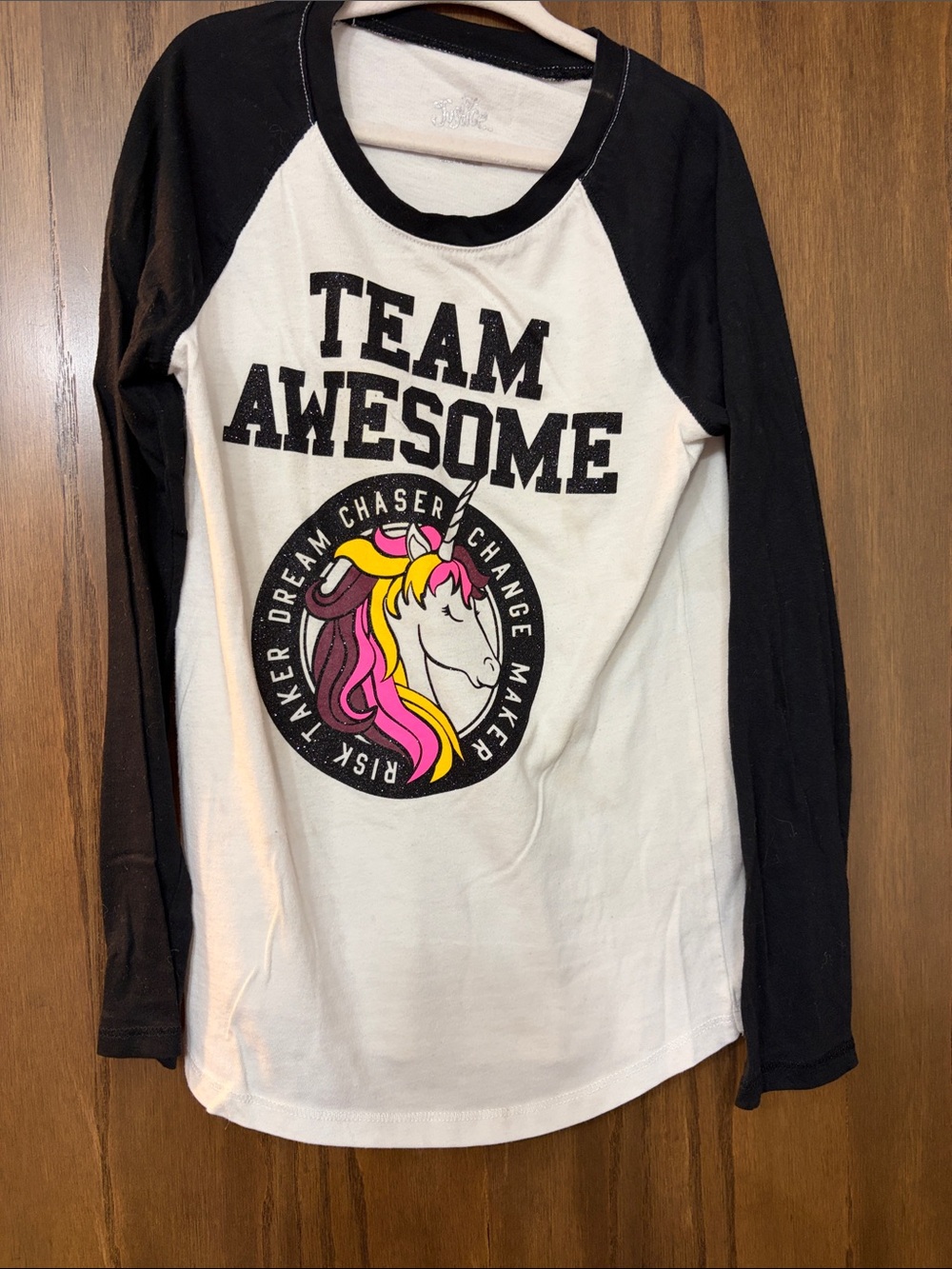 Justice Black & White 'Team Awesome' Unicorn Raglan Long Sleeve